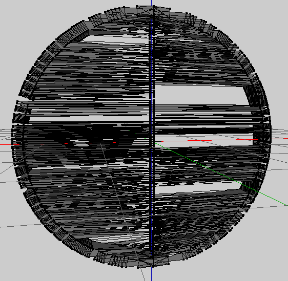 A heavily glitched ring in which about a tenth of the triangle faces on the ring have had one of their points moved to a line across the center of the ring