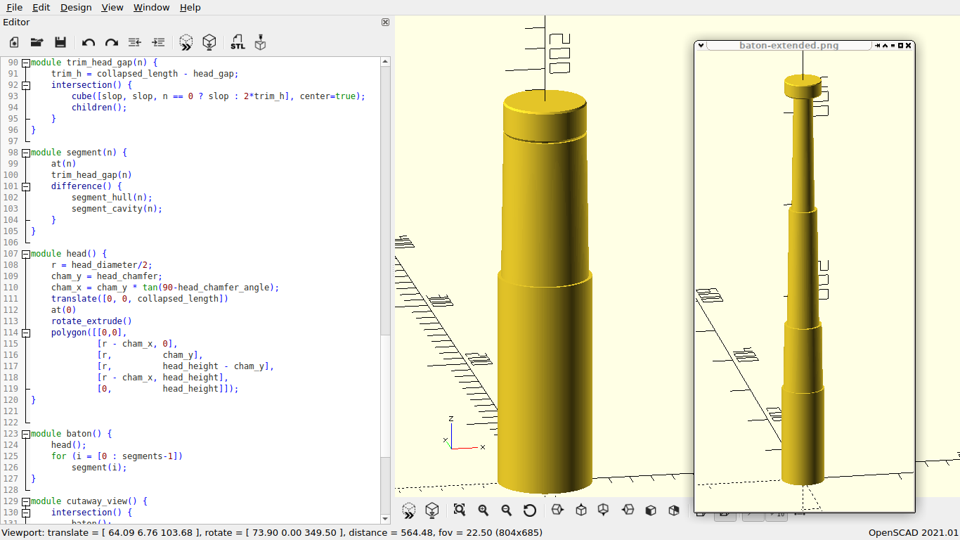 An extendable baton, in its collapsed shape, in the right pane of an editor, with the code that generates it in the left pane.  A window showing the baton in its extended shape is also present.