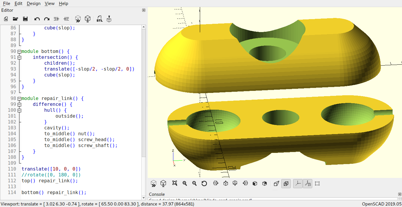 A bean shape, cut in half lengthwise, with sperical voids visible near the ends and a cylindrical hole through the center, in the right pane of an editor, with the code that generates it in the left pane.