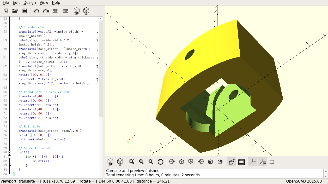 A boxy bracket with curved outter edges with a large hole through the center shaped to accommodate a round-ended thing and a small hole through the other way to accommodate a rod, all in the right pane of an editor, with the code that generates it in the left pane.