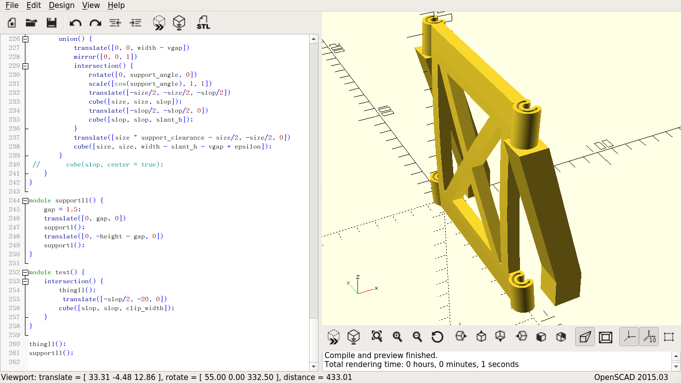 Four circular spring clips at the four corners of an X-braced square, positioned to grip two parallel rods, with supports for the upper, mid-air pair of clips to allow for 3d-printing, all in the right pane of an editor, with the code that generates it in the left pane.