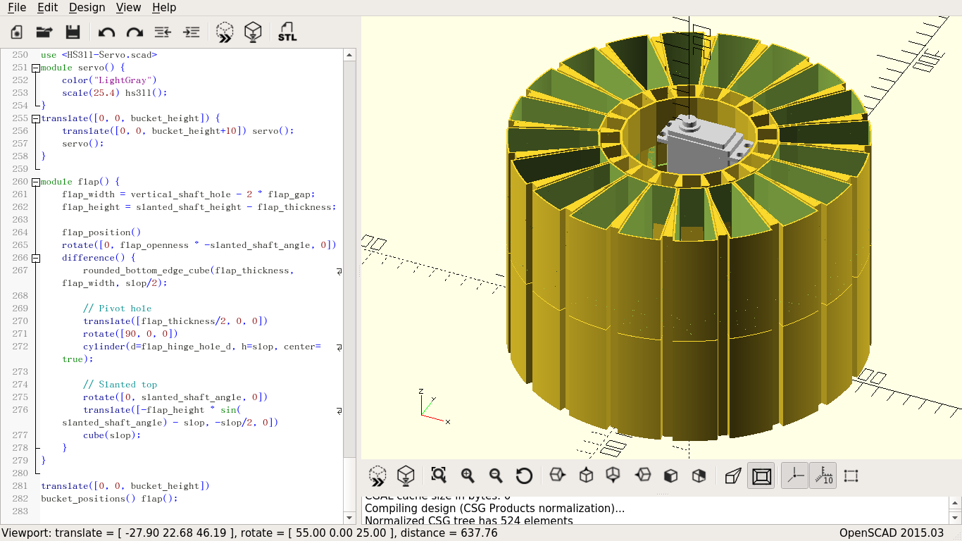 Twenty narrow bins arranged in a circle around a stepper motor in the right pane of an editor, with the code that generates it in the left pane.