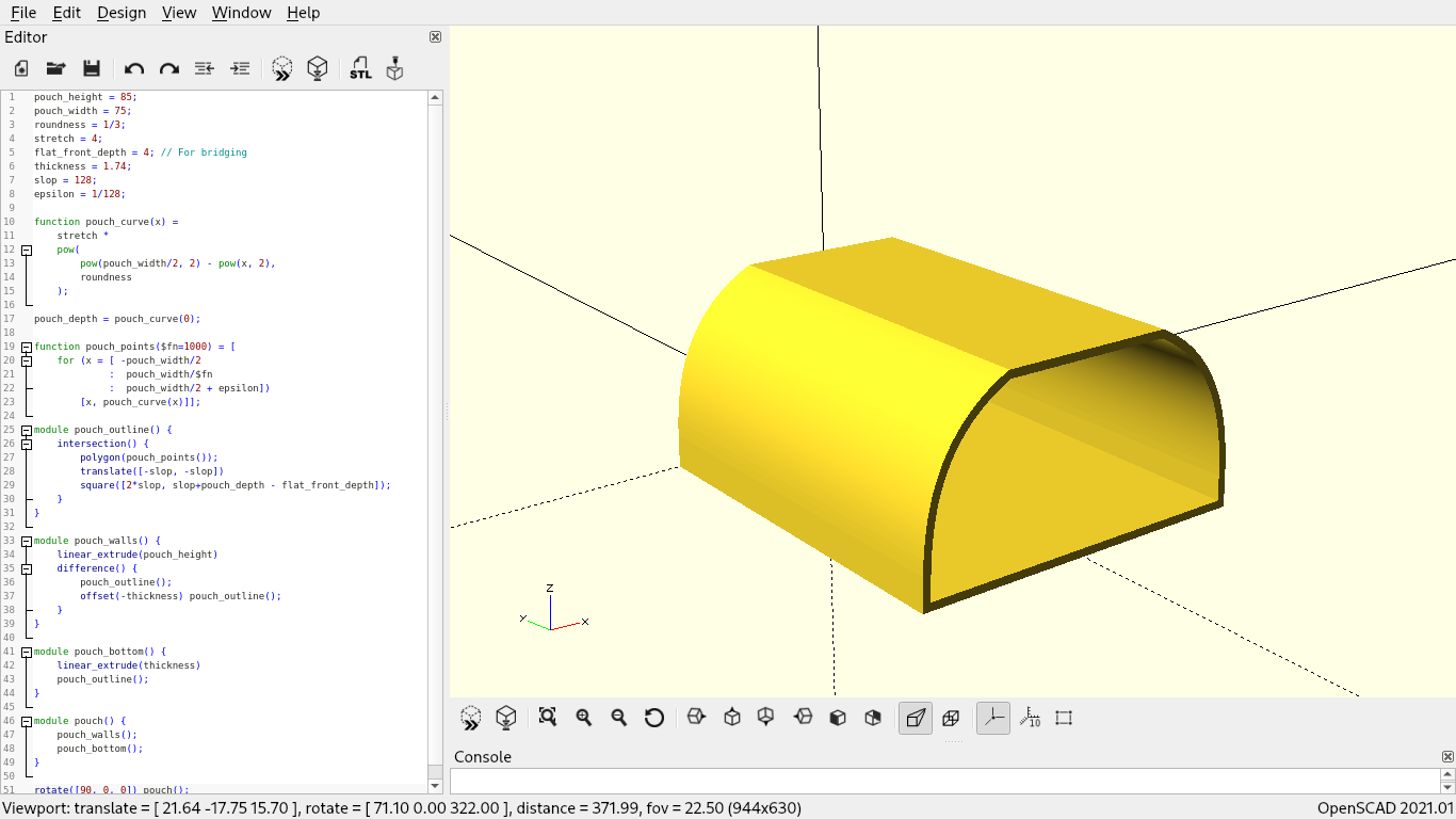 A D-shaped, open-top container on its back side in the right pane of an editor, with the code that generates it in the left pane.