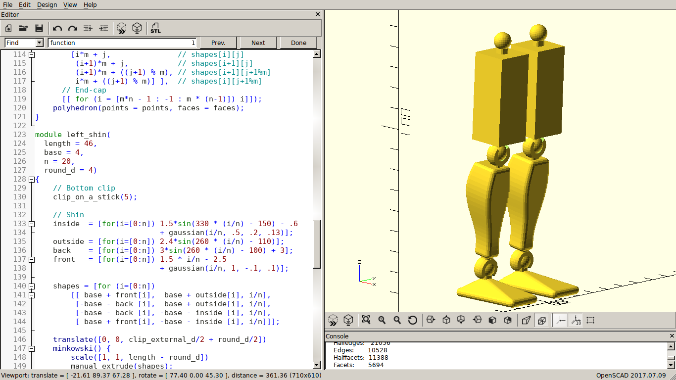 A pair of legs with ball joints at the ankle, knee, and hip, in the right pane of an editor, with the code that generates it in the left pane. The thighs are hard-edged boxes, distinct from the shins and feet which, while still blocky, are smooth-edged and curved.