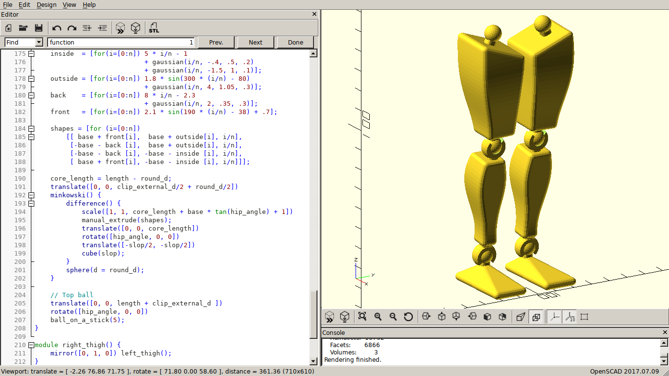 A pair of legs with ball joints at the ankle, knee, and hip, in the right pane of an editor, with the code that generates it in the left pane. Similar to the previous image, but the thighs are now also soft-edged and curved, more human shaped, and the femur balls now point inward so they can interface with a pelvis.