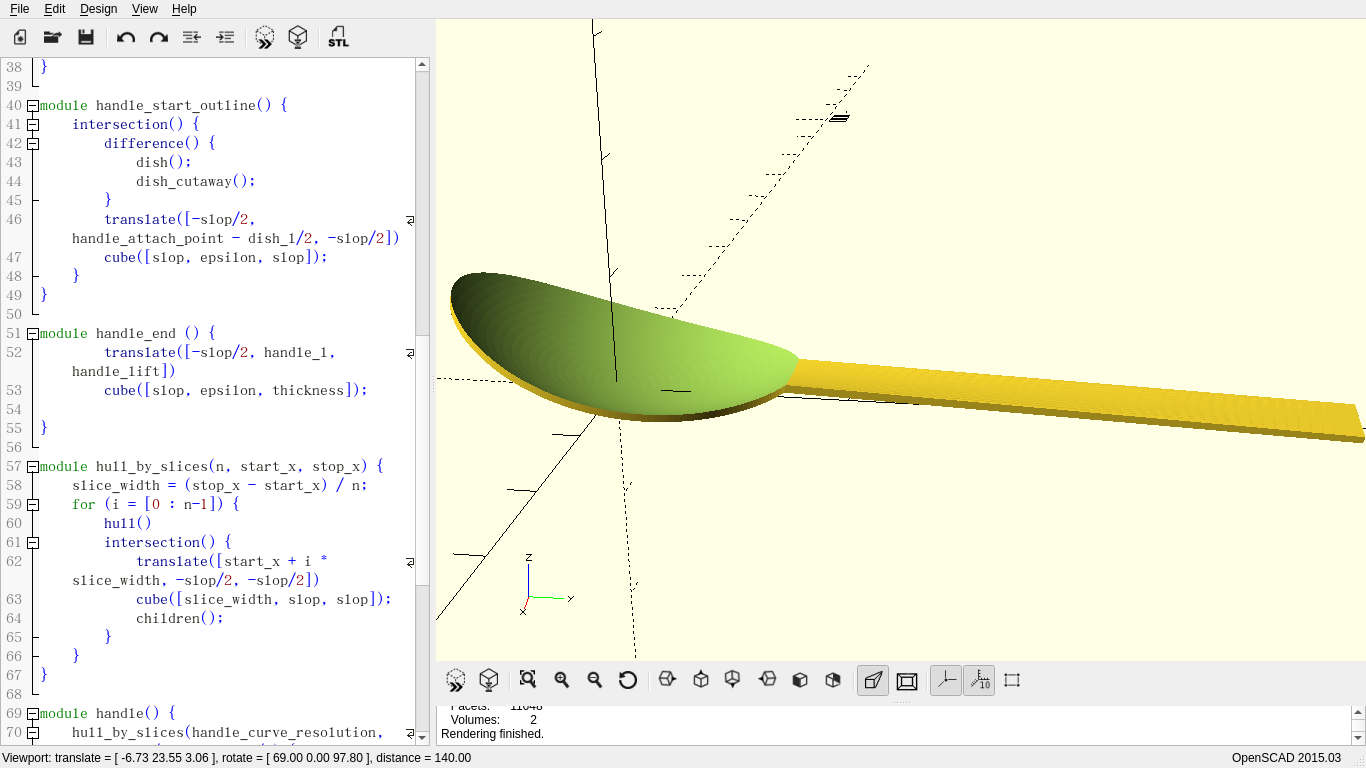 A flat spoon in the right pane of an editor, with the code that generates it in the left pane.