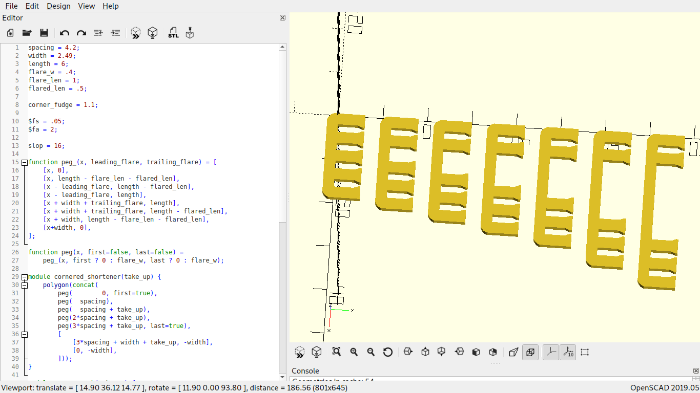 Seven five-pronged E-shaped clips, each with a different gap size between the second and third prong, all in the right pane of an editor, with the code that generates it in the left pane.