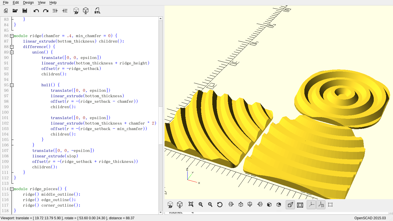 A ripple pattern across three tiles in the right pane of an editor, with the code that generates it in the left pane. 