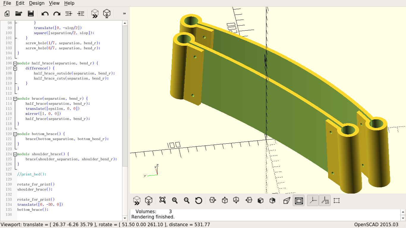 Two curved wide brackets to hold two vertical poles in the right pane of an editor, with the code that generates them in the left pane. One bracket is larger than the other, which would hold the poles further apart.