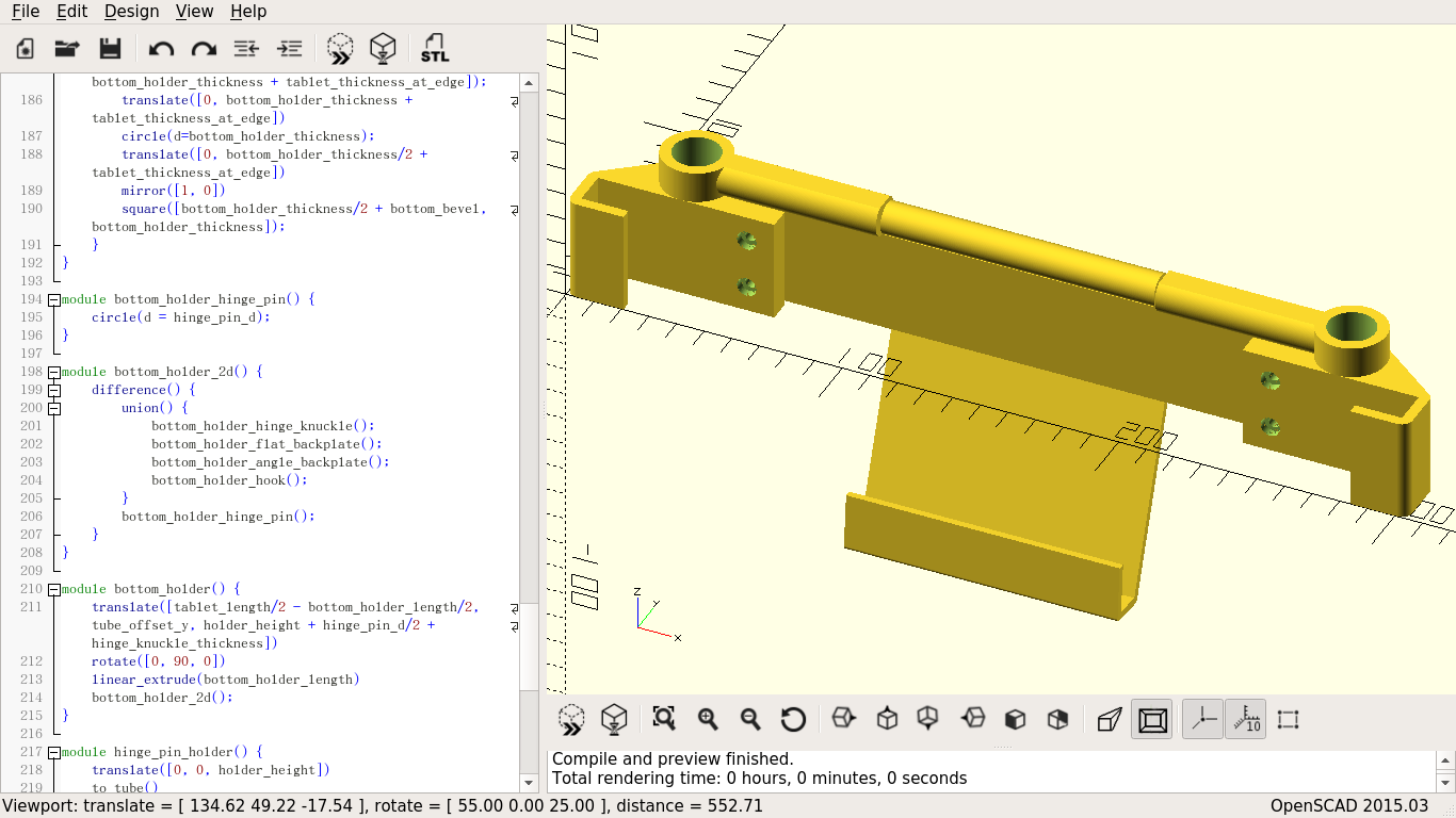 A bracket to hold a rectangular object by two sides and the bottom, allowing it to be attached to two vertical poles, in the right pane of an editor, with the code that generates it in the left pane.